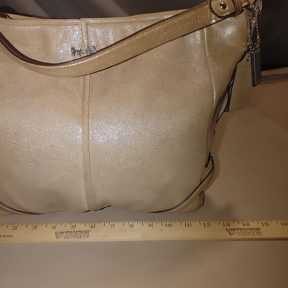 Coach Metallic Gold Leather Tote Bag Adjustable Strap Light Blue Interior - Picture 10 of 13